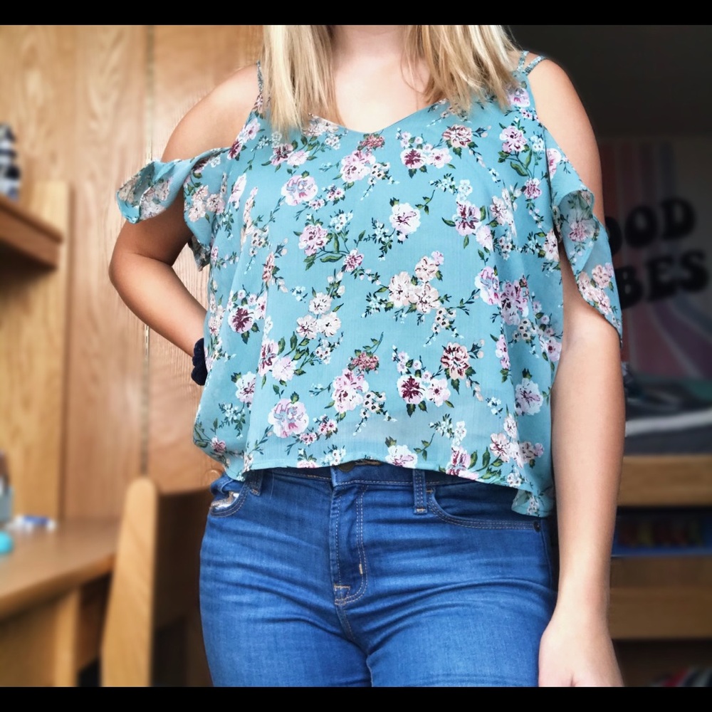 Blue Floral Off the Shoulder Blouse